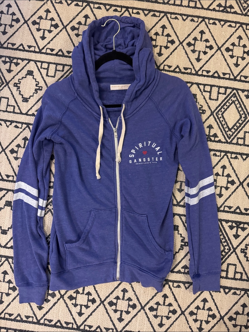 Spiritual Gangster Distressed Royal Blue Zip Hoodie with White Stripes